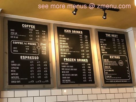 Cafe Menu Board Design, Cafe Menu Design Layout, Coffee Shop Menu Display Ideas, Coffee Menu Board, Coffee Menu Board Design, Menu Board Design Cafe, Coffee Shop Menu Ideas, Wall Menu Design Coffee Shop, Coffee Shop Menu Board Design