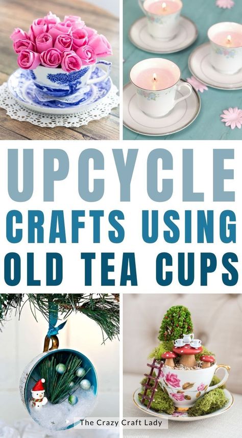 Whether you have old chipped teacups or thrift store finds to make use of, get crafty with these inspiring ways to upcycle old tea cups. Vintage Craft Ideas Diy Projects, Teacup Art Project, Diy Tea Cup Crafts, Antique Tea Cups Display Ideas, Tea Cup Ornaments Diy, Yea Cup Crafts, Cups And Saucers Crafts Ideas, Tea Cup Repurpose, Cup And Saucer Crafts Ideas Creative