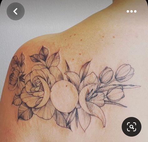 Triple Moon Flower Tattoo, Tulip And Rose Tattoo, Triple Goddess Tattoo Design, Triple Moon Goddess Tattoo, Triple Goddess Tattoo, Triple Moon Tattoo, Pagan Tattoos, Bday Tattoo, Witchy Goddess