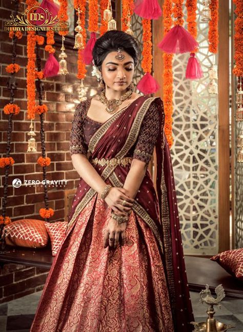 p4 South Indian Wedding Outfits Sisters, Brides Sister Indian Outfit, Half Saree Designs South Indian, Dhavani Designs, Kerala Engagement Dress, Half Saree Function, Simple Lehenga, Bridal Sarees South Indian, Half Saree Lehenga