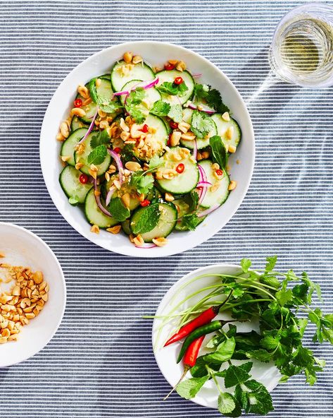 Thai Cucumber Salad Cuke Salad, Rice Vinegar Dressing, Thai Cucumber, Thai Cucumber Salad, Healthy Asian, Salad Summer, Entertaining Dinner, Satisfying Salads, Vinegar Dressing