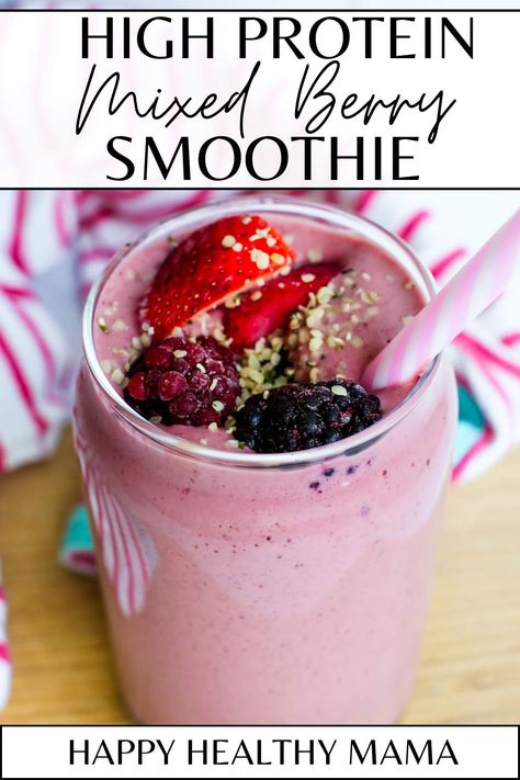 a purple smoothie with berries on top Mixed Fruit Protein Smoothie, Mixed Berry Protein Smoothie, Fruity Protein Smoothies, High Protein Fruit Smoothies, Vega Protein Recipes, Fruit Protein Smoothie, Easy Berry Smoothie, Healthy Balanced Breakfast, Fruits With Protein