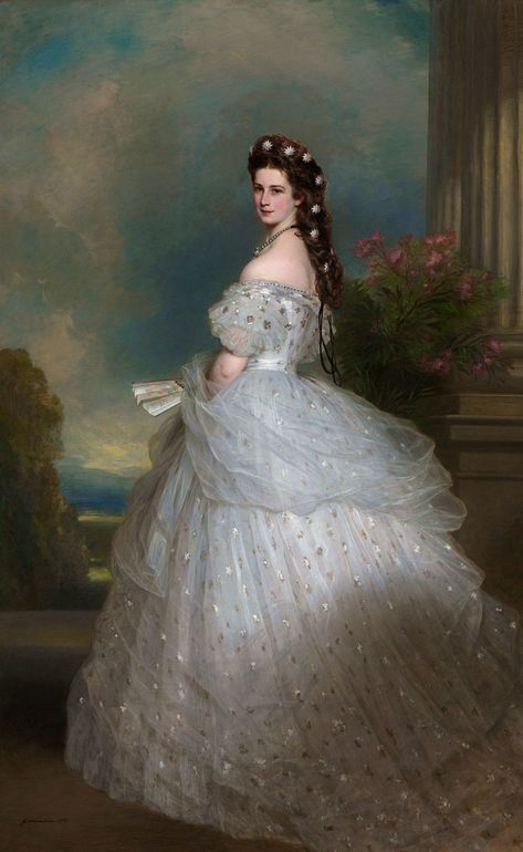 1865 ��– Sissi wearing an ball gown, believed to be created by Charles Frederick Worth, the most renowned dressmaker of the later half of the 19th century. Embroidered with precious stones and pearls, Sissi’s dress was made of white satin and tulle and is covered with thousands of silver foil stars shimmering throughout her dress. Sissi is crowned with her large braids, creating a natural diadem decorated with diamond edelweiss pins. The edelweiss was the emblematic flower of the Austrian alps. Elisabeth Of Austria, Fashion History Timeline, Franz Xaver Winterhalter, House Of Worth, Victorian Paintings, Princess Aesthetic, Victorian Art, Historical Art, Gala Dresses