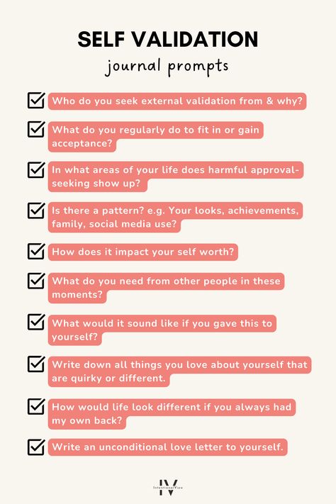 Use these 10 powerful self validation journal prompts to move the locus of control back within yourself! If you notice harmful external validation seeking regularly showing up in your own life, then check out the blog for how to overcome these behaviours once and for all! 🙏 Validation Activities, Journal Prompts For Deep Thinking, Self Check In Journal Prompts, Self Invalidation, Validate Yourself, Anger Journal Prompts, Seeking Validation, How To Not Seek Male Validation, How To Validate Yourself