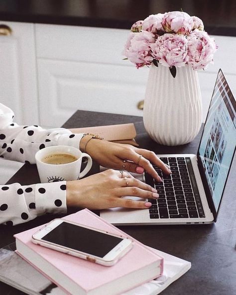 Cup Of Coffee, Laptop, Coffee, Flowers, Pink, Instagram