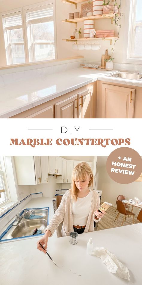 Diy Kitchen Top Counter, White Epoxy Countertop Diy, Faux White Marble Countertops, Epoxy Bathroom Countertop Diy, Painting Tile Kitchen Countertops, Epoxy Counter Tops Diy, Diy White Marble Countertops, How To Change Countertops Diy, Marble Diy Countertops