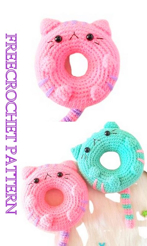 Amigurumi Donut Cat Free Crochet Pattern - Amıgurum.com Amigurumi Donut, Donut Cat, Donut Pattern, Tuxedo Mask, Cat Amigurumi, Amigurumi Elephant, Free Amigurumi Patterns, Pink Yarn, Negroni