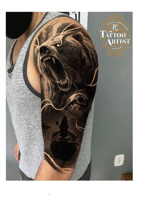 Bear Paw Tattoos, Shoulder Sleeve Tattoos, American Traditional Tattoo Ideas, Traditional Tattoo Ideas, Skull Sleeve Tattoos, Skull Sleeve, Circle Tattoos, Forearm Sleeve Tattoos, American Tattoos