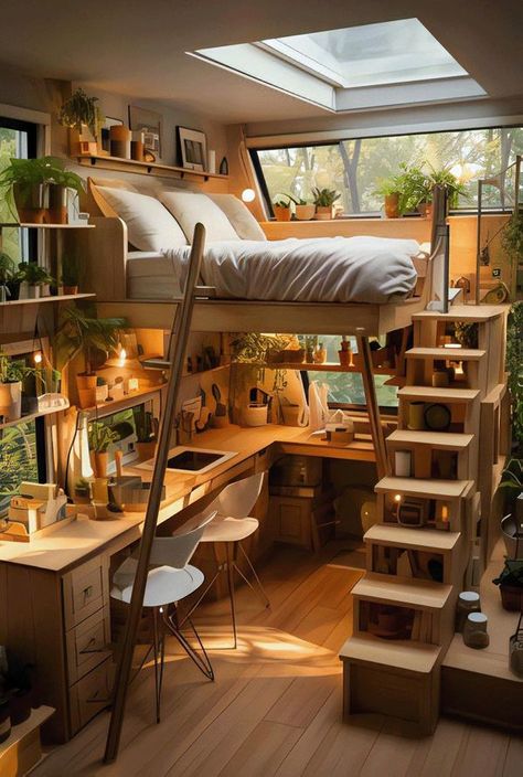 Smart Interior Ideas, Loft Bedroom Ideas For Small Rooms, Attic Loft Bedroom Ideas Sloped Ceiling, Tiny Home Designs Interiors, Loft Bed Aesthetic Room, Space Saving Tiny House, Lofted Bed Ideas, Tiny House Bed Ideas, Loft Bed Bedroom