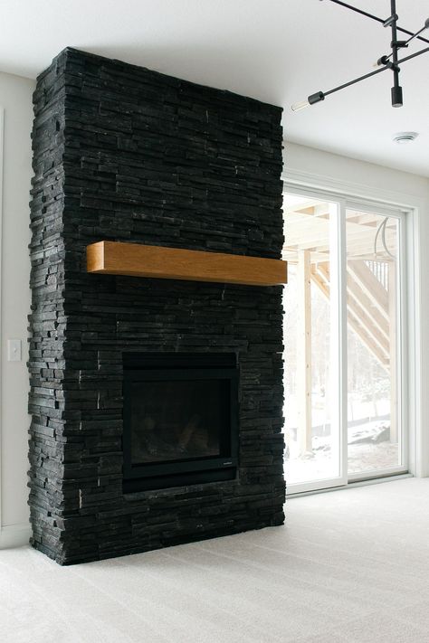 Brick Fireplace Ideas, Black Tile Fireplace, Black Brick Fireplace, Alma Homes, Painting Brick, Black Mantle, Fireplace Black, Mantle Fireplace, Garage To Living Space