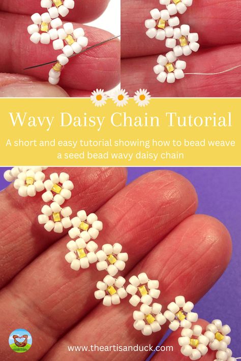 How To Bead Weave A Wavy Daisy Chain – An Easy Seed Bead Tutorial – The Artisan Duck Chain Of Flowers, Diy Necklaces Tutorial, Seed Bead Crafts, Seed Bead Flowers, Bead Weaving Tutorials, Daisy Jewelry, Beaded Earrings Tutorials, Making Bracelets, Beaded Jewlery