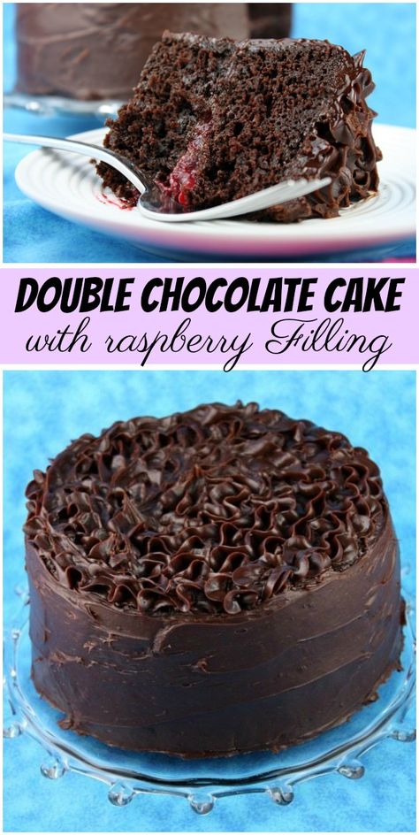 Totally delicious Double Chocolate Cake with Raspberry Filling recipe from RecipeGirl.com #double #chocolate #cake #raspberry #filling #recipe #RecipeGirl Double Chocolate Cake Recipe, Crockpot Chocolate Cake, Chocolate Cake With Raspberry Filling, Too Much Chocolate Cake, Matilda Chocolate Cake, Chocolate Lovers Cake, Double Chocolate Cake, Chocolate Ganache Frosting, Coconut Dessert