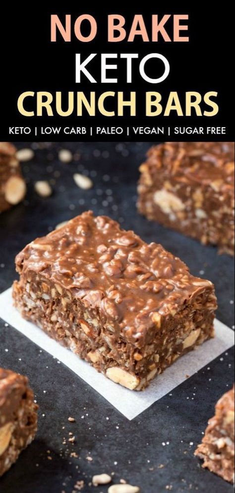 Homemade No Bake Keto Chocolate Crunch Bars (Paleo, Vegan, Sugar Free, Low Carb)- An easy recipe for copycat crunch bars with a ketosis and sugar-free makeover! The ultimate ketogenic dessert recipe ready in 5 minutes!  | Healthy Desserts Recipes | Sugar Free Desserts #ketogenicdessert #ketodessert #lowcarb #sugarfree #paleo | Recipe on thebigmansworld.com Chocolate Crunch Bars, Keto Quiche, Crunch Bars, Ketogenic Desserts, Low Carb Brownies, Desserts Keto, Breakfast Low Carb, Postre Keto, Nut Free Recipes