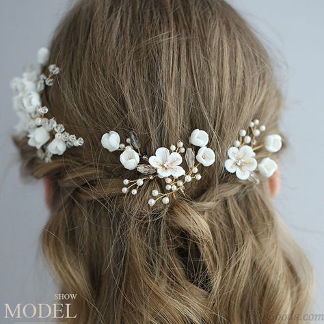 Fresh Bridal White Flower Branch Leaves Pearl Crystal Wedding Hair Band Hairpin Accessories Bridal Hair Ornaments, Autumn Hair Accessories, Branch Leaves, Gold Bridal Hair Comb, Bridesmaid Hair Pins, Hairpin Accessories, Wedding Hairband, Floral Hair Pins, Gold Hair Pin