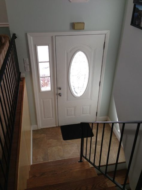 Entry - Just Call Me Homegirl Bilevel Entryway Split Entry, Bilevel Entryway, Entryway Ideas With Stairs Entry Foyer, Stair Treatments, Raised Ranch Entryway, Split Foyer Entry, Split Foyer Remodel, Split Entry Remodel, Entry Makeover