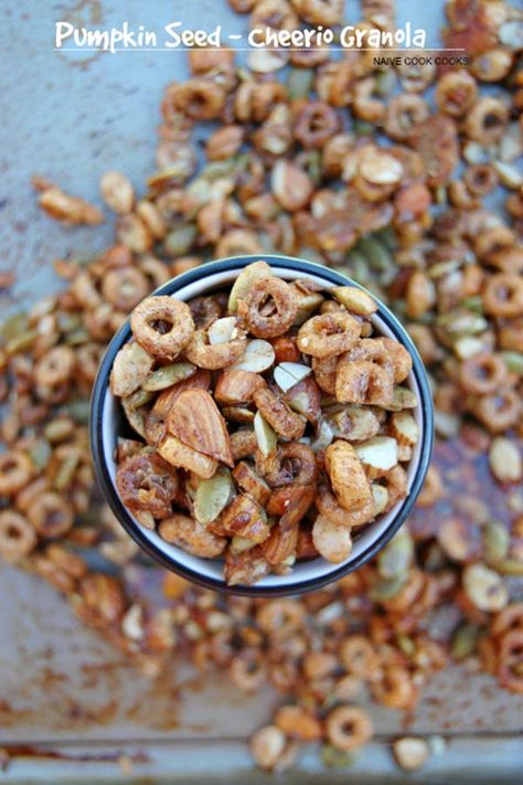 Chewy fall pumpkin seed cheerios granola is sure to become a breakfast staple! Cheerio Trail Mix Recipe, Fall Granola Recipe, Cheerios Recipes, Healthy Munchies, Honey Nut Cheerios, Trail Mix Recipes, Healthy Protein Snacks, Granola Breakfast, Pumpkin Seed