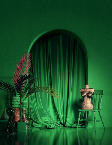 Green Studio Aesthetic, Green Photoshoot Background, Monochrome Set Design, Monochromatic Set Design, Monochrome Green Room, Emerald Green Photoshoot, Green Set Design, Dragon Academy, Color Photoshoot