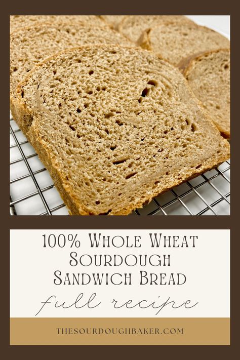 Full recipe + video tutorial detailing how to make 100% whole wheat sourdough sandwich bread by The Sourdough Baker. This recipe includes a few secrets that truly make the loaf taste good (not dense like whole wheat can sometimes be) including: a wet dough and a yudane. Sourdough Whole Wheat Sandwich Bread, Sourdough Wheat Sandwich Bread, 100% Whole Wheat Sourdough Bread, Whole Wheat Sourdough Sandwich Bread, Wheat Sourdough Sandwich Bread, Whole Wheat Sandwich Bread Recipe, Wheat Sandwich Bread Recipe, Whole Wheat Sourdough Bread, Whole Wheat Sandwich Bread