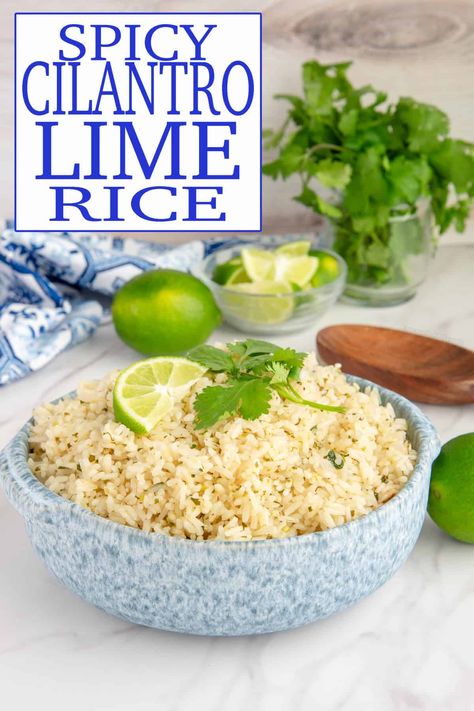 Spicy Cilantro Lime Rice is a side dish of fluffy rice infused with the tangy zest of lime, the bright herbal notes of cilantro, and a kick of spice from Serrano peppers to create an ideal complement to grilled meats, seafood, or vegetables. This recipe is easily adjusted to feed larger crowds, which makes it the IT recipe for summer time hosting. This recipe is also a great option for meal prep. #CilantroLimeRice #CilantroRecipes #RiceRecipes #RiceDishes #Arroz #RecetasDeArroz #SummerRecipes via @ediblesense Chipotle Cilantro Lime Rice, Chipotle Butter, Cilantro Lime Rice Recipe, Lime Rice Recipes, Best Side Dish, Plain Rice, Cilantro Rice, Lime Rice, Cilantro Lime Rice