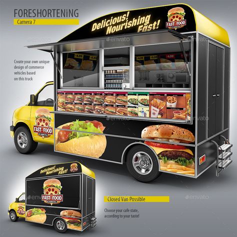 Food Truck Mock-Up. Van eatery mockup. Preview - GraphicRiver Food Van Design Ideas, Food Van Ideas, Food Truck Design Graphics, Food Truck Design Exterior, Food Van Design, Food Truck Branding, Burger Truck, Burger Van, Food Trailer For Sale