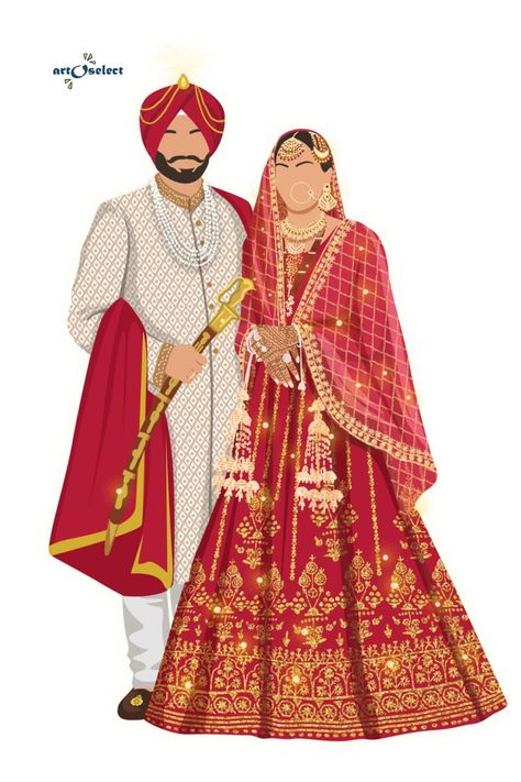 wedding art Sikh Wedding Invitations Cards, Cartoon Wedding Invitations, Couple Illustration Wedding, Wedding Illustration Card, Bride And Groom Cartoon, Wedding Couple Cartoon, Digital Wedding Invitations Design, Punjabi Wedding Couple, Wedding Card Design Indian