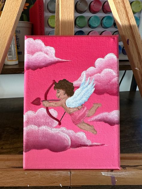 Cupid Painting Easy, Valentines Acrylic Painting Ideas, Cute Valentine Paintings On Canvas, Cupid Painting, Diy Pink Canvas Art, Cherub Painting, Canvas Painting Ideas Pink, Creative Painting Ideas On Canvas, Canvas Ideas Aesthetic