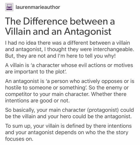 Villain vs Antagonist ~ Voldemort is the villain, Draco Malfoy is the antagonist. Writer Tips, Creative Writing Tips, Writing Characters, Book Writing Tips, Writing Resources, Writing Words, Writers Block, Writing Advice, Story Writing