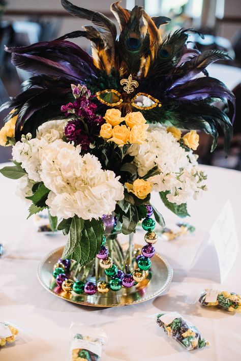 Mardi Gras Dress Ball, Mardi Gras Floral Centerpieces, Mardi Gras Arrangements, Muted Mardi Gras Decor, Mardi Gras Wedding Reception, Mardi Gras Ball Dress, Elegant Mardi Gras Party, Elegant Mardi Gras Tablescape, Mardi Gras Centerpieces Elegant