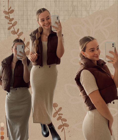 Cute business outfits. Aesthetic winter outfits. winter business casual. puffer vest. Brown Puffer Vest Outfit, Trendy Business Casual Outfits, Puffer Vest Outfit, Brown Puffer, Trendy Business Casual, Long Slip Dress, Brown Vest, Cute Work Outfits, Puffer Vest