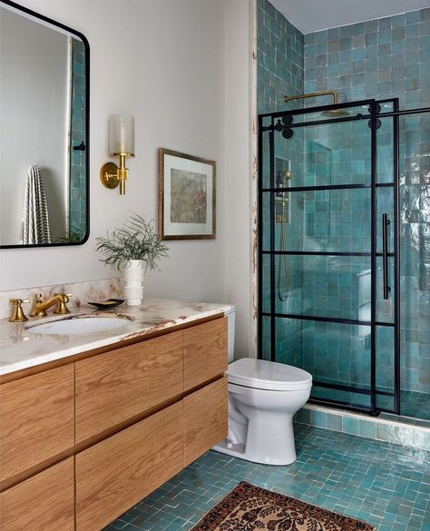 Zoe Feldman (@zoefeldmandesign) • Instagram photos and videos Black Frame Glass Partition, Shower With Black Frame, Black Frame Mirror, Turquoise Bathroom, Antique Brass Faucet, Turquoise Tile, Black Mirror Frame, Hall Bathroom, Zellige Tile