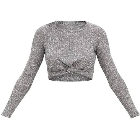 Black Marl Ribbed Knot Front Longsleeve Crop Top (66 PLN) via Polyvore featuring tops, sweaters, long sleeve tops, knot front top, long sleeve crop sweater, cropped sweater i long sleeve crop top Extra Long Sleeve Sweater, High Neck Shirts, Knot Front Top, Belly Shirts, Rib Sweater, Sweater Cropped, Business Outfits Women, Rib Top, Marled Sweater