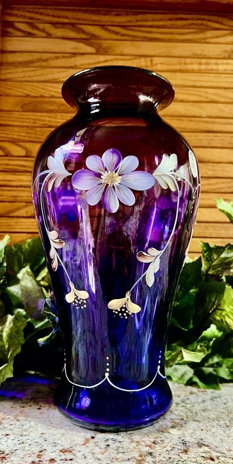 Pretty Vases, Purple Vase, Fenton Glassware, Fenton Glass, Royal Purple, Gold Paint, 22k Gold, Colorful Decor, Purple Flowers