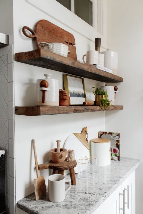 Open Kitchen Shelves Decor, Kitchen Shelf Decor Ideas, Wood Shelves Kitchen, Kitchen Shelf Styling, Floating Kitchen Shelves, Shiplap Kitchen, Kitchen Floating Shelves, Farmhouse Inspired Decor, Kitchen Shelf Decor