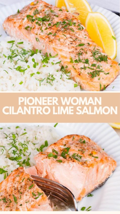 Pioneer Woman’s Cilantro Lime Salmon is made with vegetable oil, butter, salmon fillets, kosher salt, black pepper, honey, soy sauce, limes (zest and juice), fresh cilantro, and steamed rice creating a delicious dish that takes only 20 minutes to be ready! Salmon And Cilantro Lime Rice, Cilantro Lime Salmon, Salmon Soy Sauce, Cilantro Rice, Lime Salmon, Butter Salmon, Honey Soy, Cilantro Lime Rice, Lime Wedge