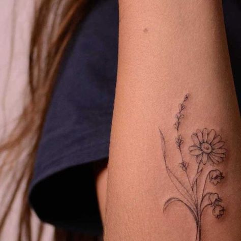 Lily Of The Valley Lavender Tattoo, Daisy Lily Of The Valley Tattoo, Lily Of The Valley And Sunflower Tattoo, Lily Of The Valley And Daisy Tattoo, Aster And Lily Of The Valley Tattoo, Lavender Daisy Tattoo, Sunflower Lavender Tattoo, Flowers Grow In The Valley Tattoo, Daisy And Lavender Bouquet Tattoo