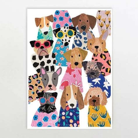 Dog Collage Art, Retro Dog Art, Animals Doing Human Things, Abstract Dog Painting, White Border Frame, Cute Dog Illustration, Dog Illustration Art, Dog Illustrations, Dog Prints