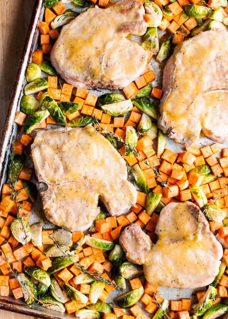 Honey-Mustard Sheet Pan Pork Chops Recipe Honey Mustard Sheet Pan, Sheet Pan Pork Chops, Sheet Pan Pork, Honey Mustard Pork Chops, Pan Pork Chops, Mustard Pork Chops, Glazed Pork Chops, Easy Sheet Pan Dinners, Glazed Pork