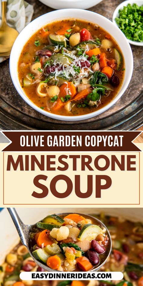 This Minestrone Soup tastes just like the Olive Garden's so there's no need to leave the house! Fresh vegetables, tender noodles, rich spices, and parmesan make this soup very hearty and flavorful. Plus, it's an easy soup to make and it can be ready in under an hour! Zucchini Minestrone Soup, Minestrone Soup With Gnocchi, Vegetarian Dinner Crockpot, Copy Cat Olive Garden Ministroni Soup, Olive Garden Ministroni Soup Recipe, Minestrone Soup No Tomato, Healthy Olive Garden Soup, Ministroni Soup Olive Garden, Plant Based Minestrone Soup