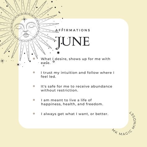 Here are your affirmations for June! Which one(s) will you be focusing on this month? #mkmagicmindset #affirmationsoftheday #affirmationoftheday #monthlyaffirmation #affirmationpositive #positiveaffirmations June Positive Affirmations, New Month Affirmations June, June Manifestation, June Intentions, August Affirmations, June Affirmations, July Affirmations, New Month Affirmations, Summer Affirmations