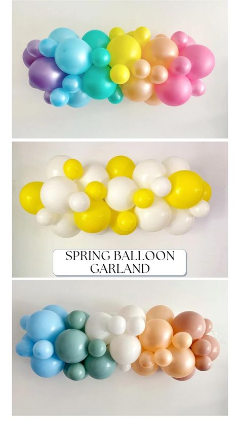 Pick your favorite spring balloon garland! Whether you're going for bright pastels, daisy colors, or a muted rainbow, these garlands are the perfect pop for your spring party! #easterballoons #springballoons #springpartyideas Balloon Catalog, Spring Balloon Garland, Summer Balloon Garland, Canticos Party, Daisy Colors, Spring Party Ideas, Personalized Party Decorations, Garland Balloon, Burlap Banners