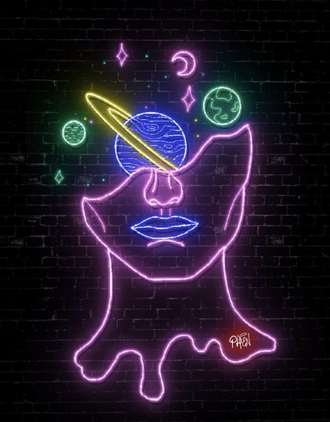 Neon Space Aesthetic, Neon Art Drawings, Neon Light Drawing, Neon Aesthetic Art, Neon Sign Painting, Neon Painting Ideas Easy, Neon Drawings, Hippie Kunst, Neon Art Painting