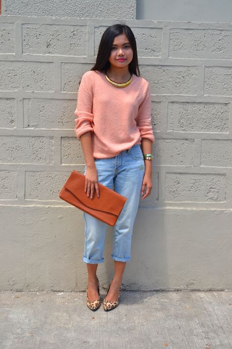 spring Salmon Color Outfit, Peach Outfits, Salmon Sweater, Bf Jeans, Peach Clothes, Peach Sweater, Classic Feminine Style, Casual Oufits, Philippines Fashion