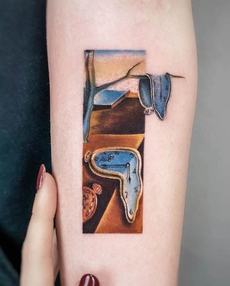 Paintings As Tattoos, Salvador Dali Persistence Of Memory Tattoo, Tattoos Inspired By Paintings, Tattoos Based On Paintings, Tattoo Art Painting, Artist Tattoos For Women, Salvador Dali Tattoos, Tattoos Inspired By Art, Classic Art Tattoo Paintings