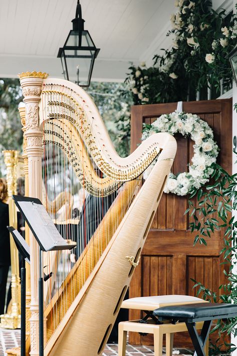 Harp At Wedding, Harp Wedding Ceremony, Harp Costume, Harp Wedding, Wedding Harpist, Harp Player, Classic Academia, Irish Harp, Palmetto Bluff