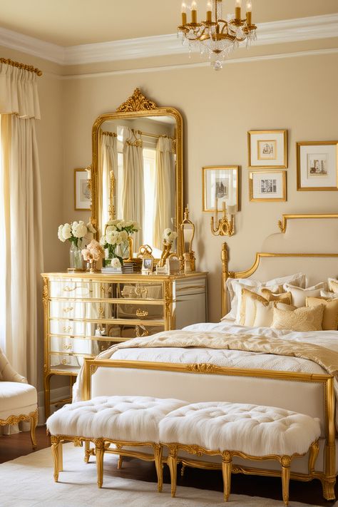 Old Hollywood Glam Dresser, Vintage Bed Design, Fancy Vintage Bedroom, Antique Gold Bedroom, Old Hollywood Bedroom Ideas, Mirror Furniture Bedroom, Old Money Aesthetic Bedroom, Chandelier In Bedroom, Old Hollywood Interior Design