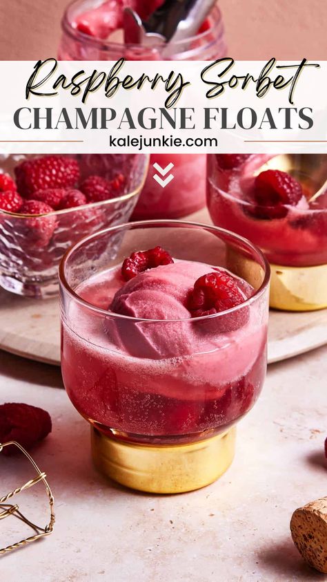 These Raspberry Sorbet Champagne Floats are sweet, beautiful, and delicious! The perfect way to celebrate warm weather is with a cold and creamy float. Why not also make it a little boozy to jazz it up? This recipe is so easy and made with just a few simple ingredients, so give it a try today! Frozen Champagne, Sorbet Alcohol Drinks, Booze Ice Cream, Sorbet Drink, Sorbet Punch, Granola Dessert, Wine Ice Cream, Champagne Sorbet, Champagne Float