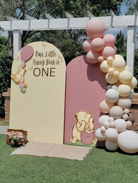 Our little Hunny Bear is ONE! | CatchMyParty.com Baby1st Birthday Ideas, Pooh Decorations Party, Winnie The Pooh First Birthday Backdrop, 1st Birthday Pooh Bear, 1st Birthday Party Winnie The Pooh, A Little Hunny Is On The Way Winnie The Pooh, Our Little Hunny Is Turning One Winnie The Pooh, Our Little Hunny Turns One, Pooh Bear Themed Birthday Party