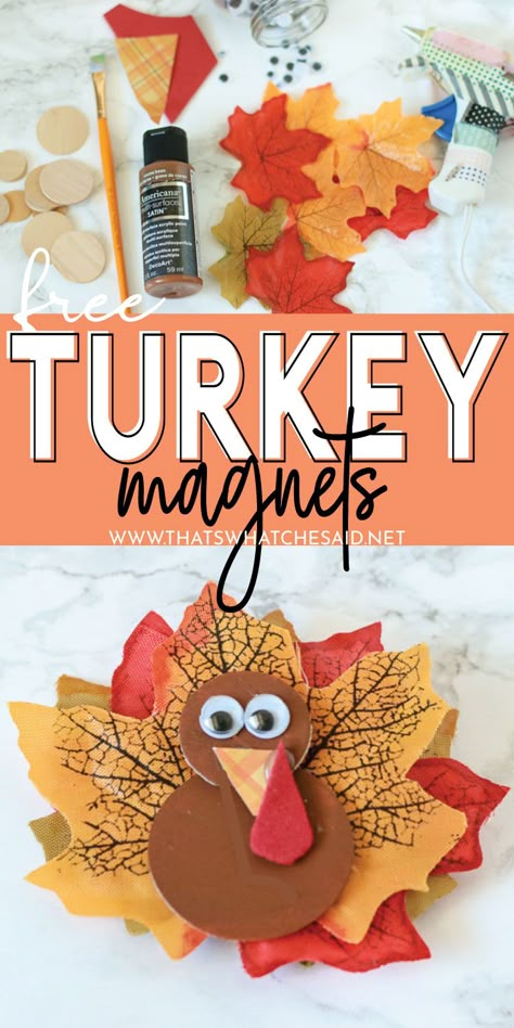 Turkey Magnets made from Dollar Store faux leaves and a few other basic craft supplies! These guys are so adorable on your refrigerator door! Great to make with the kids also! Thanksgiving Magnet Craft, Turkey Crafts For Adults, Harvest Crafts For Kids, Harvest Crafts, Thanksgiving Crafts Preschool, Thanksgiving Turkey Craft, Easy Thanksgiving Crafts, Thanksgiving Favors, November Crafts