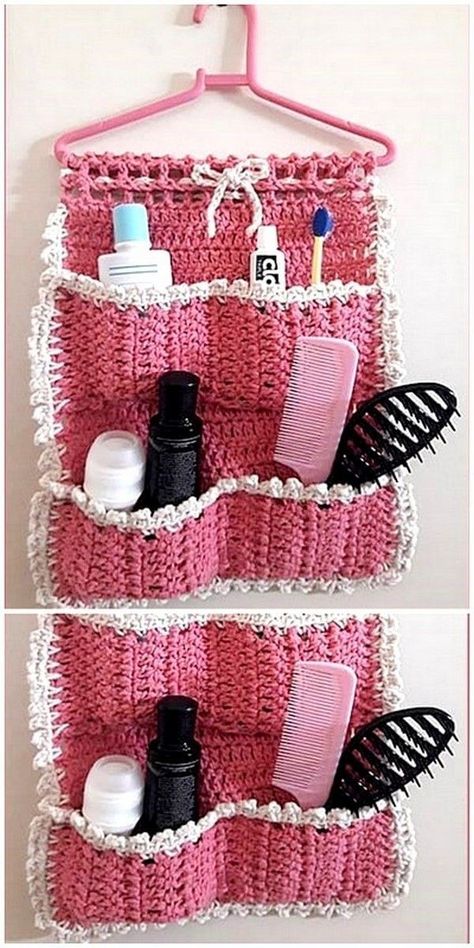 Crochet Door Organizer, Crochet For The Bathroom, Crochet House Hold Items, Crochet Makeup Organizer, Crochet Hanging Organizer, Crochet Locker Decorations, Crochet Bathroom Organizer, Bathroom Crochet Ideas, Crochet Bathroom Decor