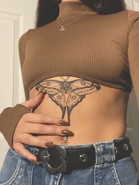 Different Moth Tattoos, 3 Moths Tattoo, Phoenix Tattoo On Side, Moth Aesthetic Tattoo, Moth Tattoo Stomach Woman, Moth Tattoo On Sternum, Moth On Stomach Tattoo, Moth On Sternum, Moth Evil Eye Tattoo